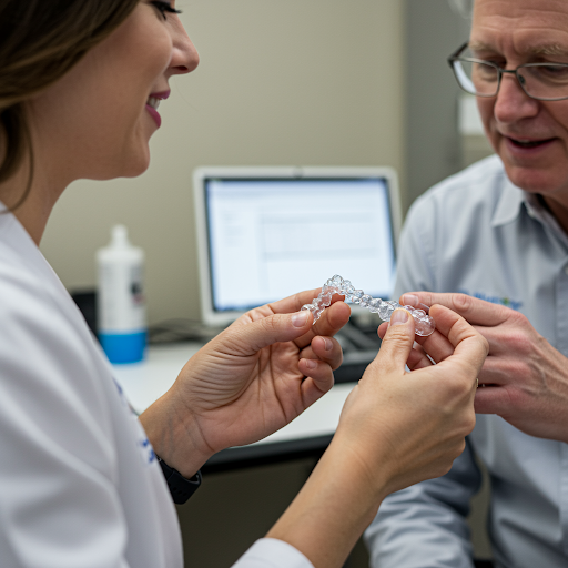 Orthodontist fitting Invisalign aligners for patient at Dr. Murray Orthodontics serving Montgomery County PA.