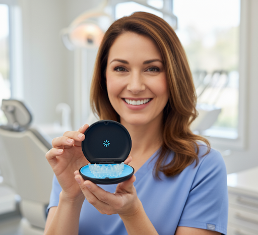 Happy Invisalign patient holding clear aligners after orthodontic treatment in Jenkintown Pennsylvania