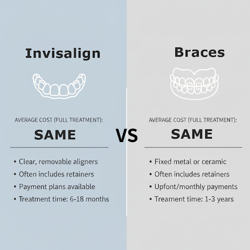 Invisalign vs braces cost comparison chart showing average treatment time and pricing in Jenkintown PA