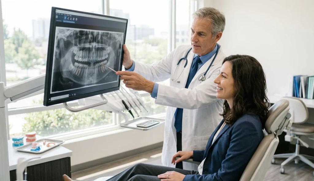 A dentist reviews a digital panoramic X-ray with a smiling female patient.