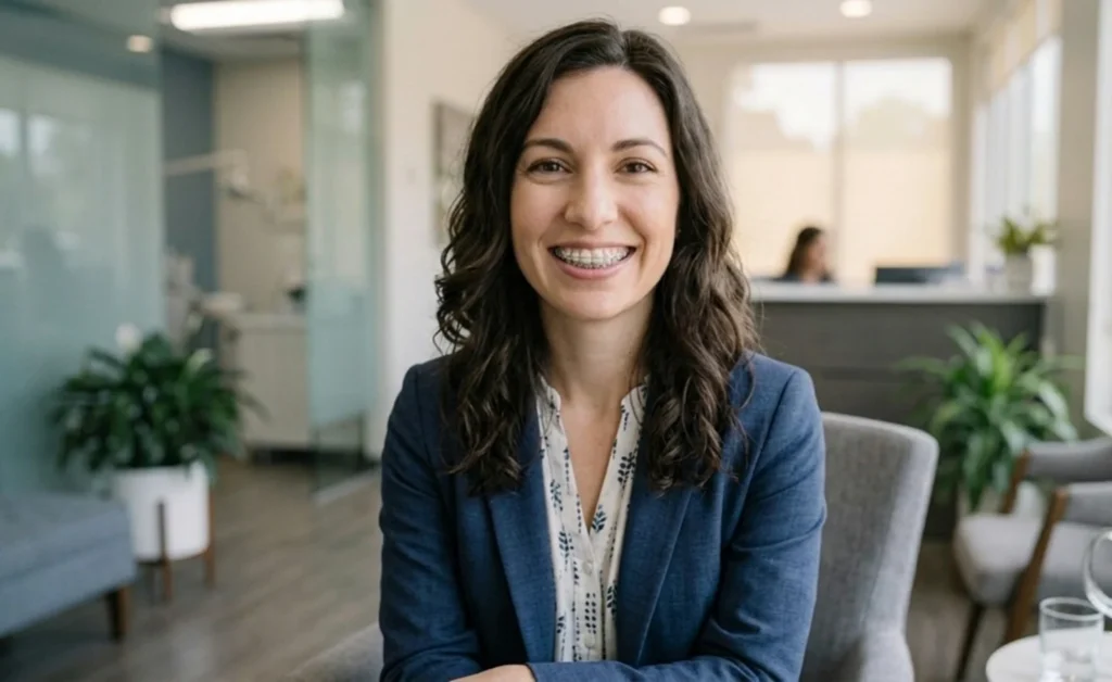 A smiling woman with braces in a modern dental reception area