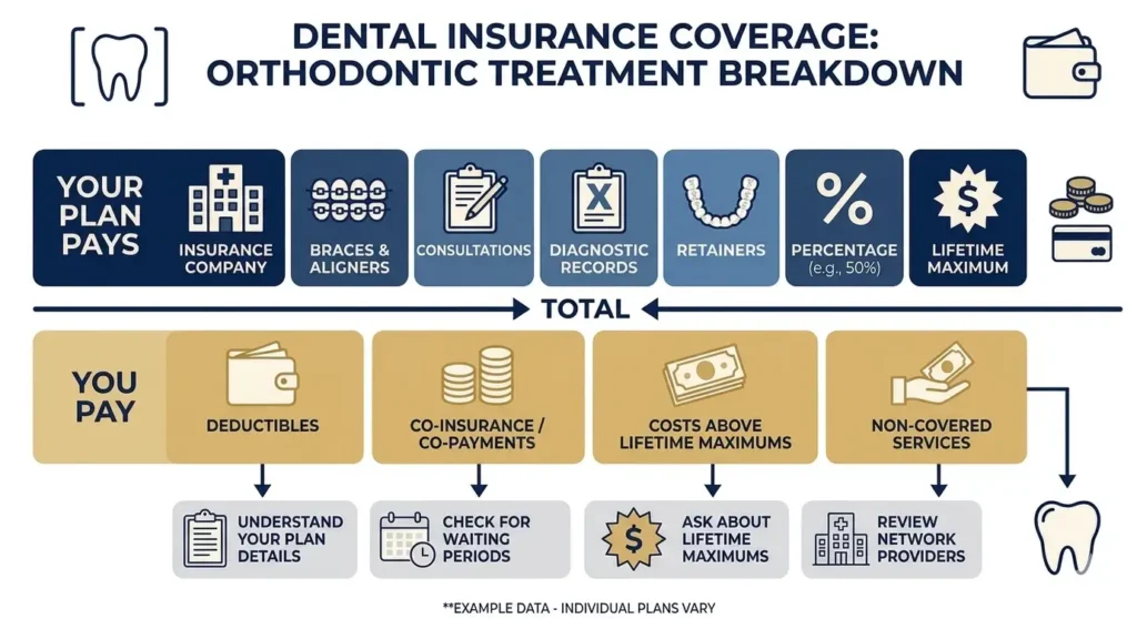 An infographic explaining how dental insurance coverage applies to orthodontic treatments.